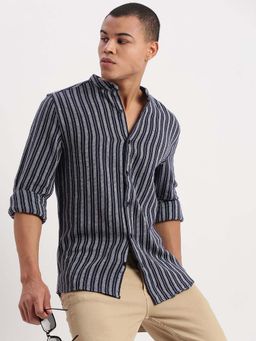 SHOWOFFFF - Mens Long Sleeves Mandarin Collar Vertical Stripes Navy Blue Shirt