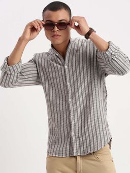 SHOWOFFFF - Mens Long Sleeves Mandarin Collar Vertical Stripes Grey Shirt