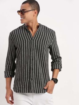 SHOWOFFFF - Mens Long Sleeves Mandarin Collar Vertical Stripes Black Shirt