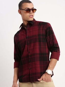 SHOWOFFFF - Mens Long Sleeves Tartan Checks Maroon Shirt