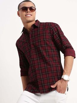 SHOWOFF - Mens Long Sleeves Tartan Checks Maroon Shirt