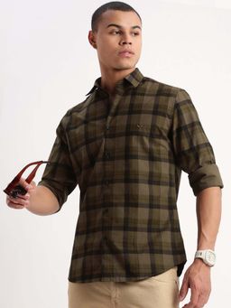 SHOWOFF - Mens Long Sleeves Tartan Checks Olive Shirt