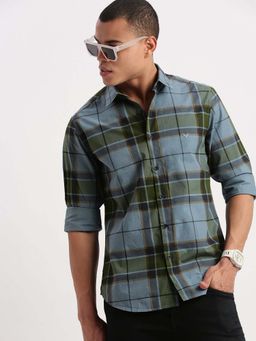 SHOWOFF - Mens Long Sleeves Tartan Checks Blue Shirt