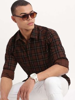 SHOWOFF - Mens Long Sleeves Tartan Checks Brown Shirt