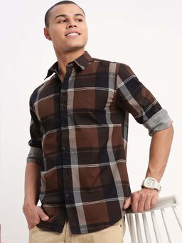 SHOWOFFFF - Mens Long Sleeves Tartan Checks Brown Shirt