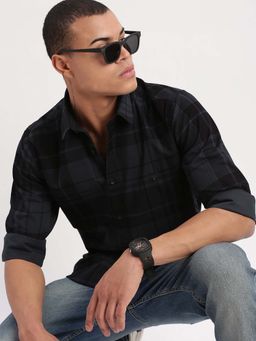SHOWOFFFF - Mens Long Sleeves Tartan Checks Blue Shirt