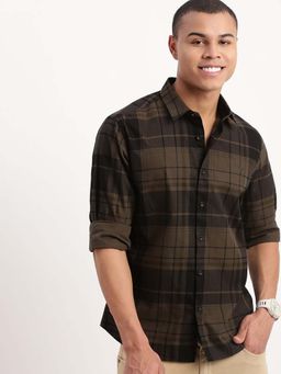 SHOWOFF - Mens Long Sleeves Tartan Checks Olive Shirt