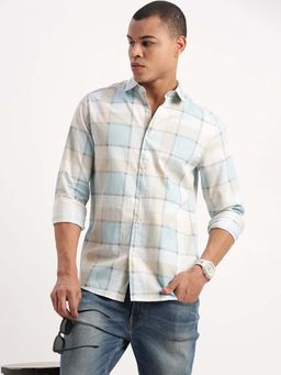 SHOWOFFFF - Mens Long Sleeves Windowpane Checks Cream Shirt