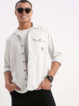 SHOWOFFFF - Mens Long Sleeves Cuban Collar Solid Off White Oversized Shacket Shirt