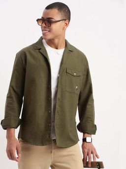 SHOWOFFFF - Mens Long Sleeves Cuban Collar Solid Olive Oversized Shacket Shirt