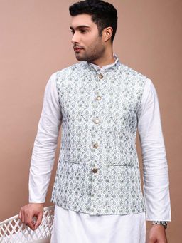 SHOWOFF - Men's Printed Green Slim Fit Nehru Jacket