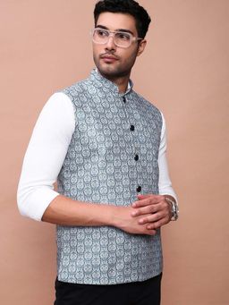 SHOWOFF - Men's Printed Teal Slim Fit Nehru Jacket