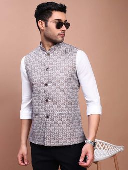 SHOWOFF - Men's Printed Brown Slim Fit Nehru Jacket
