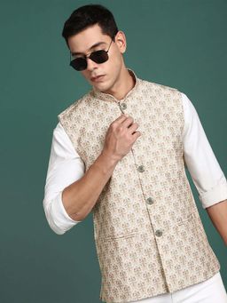 SHOWOFF - Men's Printed Cream Slim Fit Nehru Jacket