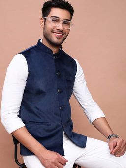 SHOWOFF - Men's Solid Navy Blue Slim Fit Nehru Jacket