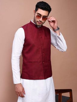 SHOWOFF - Men's Solid Burgundy Slim Fit Nehru Jacket