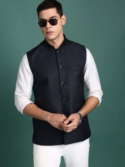 SHOWOFF - Men's Solid Navy Blue Slim Fit Nehru Jacket