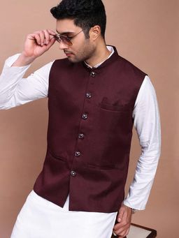 SHOWOFF - Men's Solid Burgundy Slim Fit Nehru Jacket