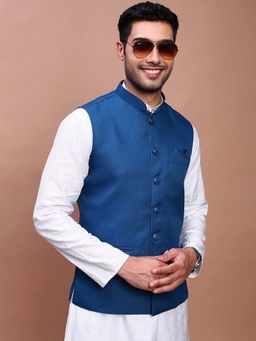 SHOWOFF - Men's Solid Turquoise Blue Slim Fit Nehru Jacket