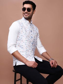 SHOWOFFFF - Men's Printed Off White Slim Fit Nehru Jacket
