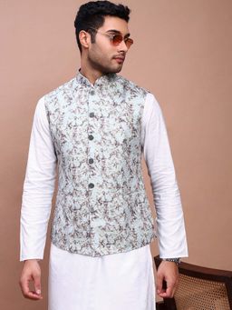 SHOWOFF - Men's Embroidered Sea Green Slim Fit Nehru Jacket