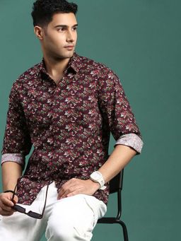SHOWOFFFF - Mens Floral Burgundy Slim Fit Shirt