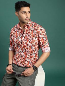 SHOWOFF - Mens Floral Orange Slim Fit Shirt