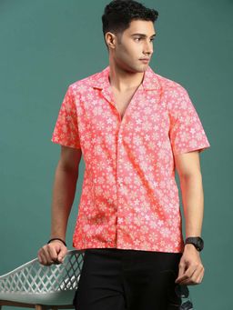 SHOWOFFFF - Mens Cuban Collar Floral Coral Relaxed Fit Shirt