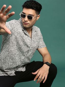 SHOWOFF - Mens Cuban Collar Abstract Off White Relaxed Fit Shirt