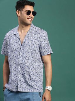 SHOWOFFFF - Mens Cuban Collar Floral Blue Relaxed Fit Shirt