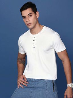SHOWOFFFF - Men'S Henley Neck Solid White Slim Fit T-Shirt