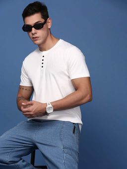 SHOWOFFFF - Men'S Henley Neck Solid White Slim Fit T-Shirt