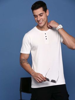 SHOWOFFFF - Men'S Henley Neck Solid White Slim Fit T-Shirt