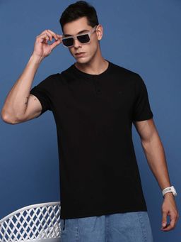 SHOWOFFFF - Men'S Henley Neck Solid Black Slim Fit T-Shirt