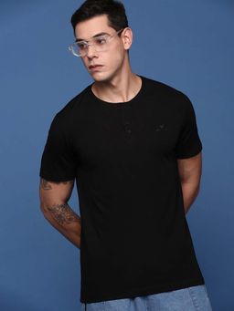 SHOWOFF - Men'S Henley Neck Solid Black Slim Fit T-Shirt