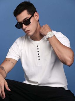 SHOWOFF - Men'S Henley Neck Solid White Slim Fit T-Shirt