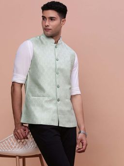SHOWOFF - Mens Woven Design Green Slim Fit Nehru Jacket