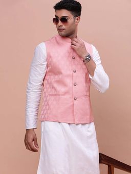 SHOWOFFFF - Mens Woven Design Peach Slim Fit Nehru Jacket