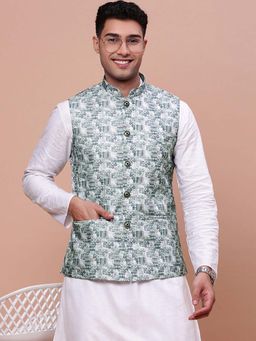 SHOWOFF - Mens Woven Design White Slim Fit Nehru Jacket