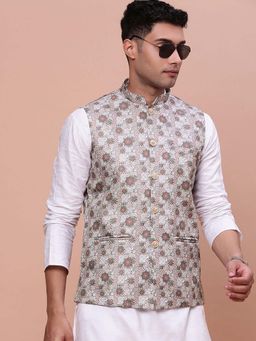 SHOWOFF - Mens Woven Design Brown Slim Fit Nehru Jacket