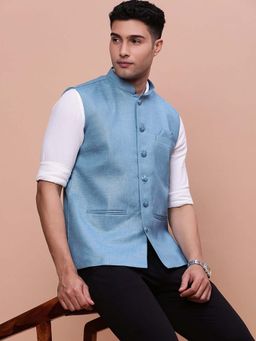 SHOWOFF - Mens Solid Turquoise Blue Slim Fit Nehru Jacket