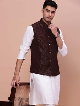SHOWOFF - Mens Woven Design Brown Slim Fit Nehru Jacket