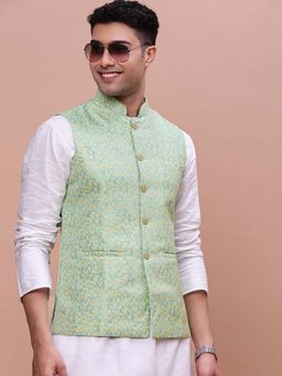 SHOWOFF - Mens Woven Design Green Slim Fit Nehru Jacket