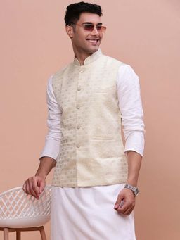 SHOWOFF - Mens Woven Design Cream Slim Fit Nehru Jacket