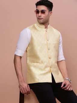SHOWOFF - Mens Woven Design Yellow Slim Fit Nehru Jacket