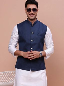 SHOWOFF - Mens Solid Navy Blue Slim Fit Nehru Jacket