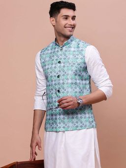 SHOWOFF - Mens Printed Turquoise Blue Slim Fit Nehru Jacket