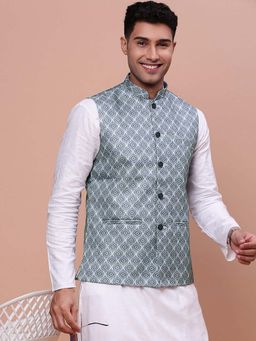 SHOWOFF - Mens Printed Green Slim Fit Nehru Jacket