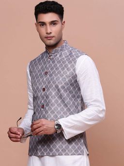 SHOWOFF - Mens Printed Grey Slim Fit Nehru Jacket
