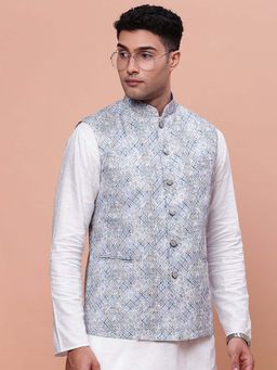 SHOWOFF - Mens Embellished Blue Slim Fit Nehru Jacket